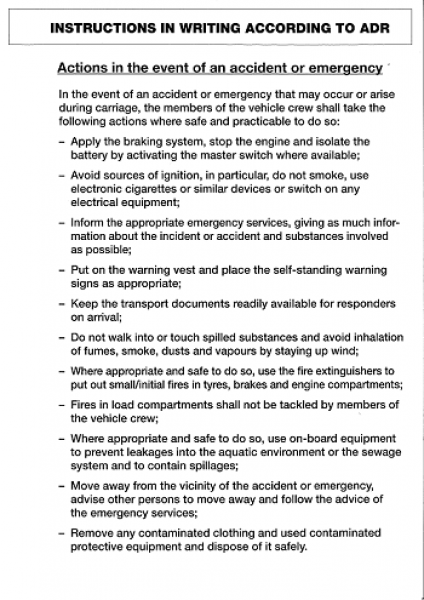 Schriftliche Weisungen für den Straßentransport gemäß ADR englisch
