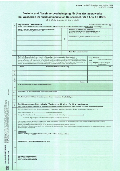 Ausfuhr- / Abnehmerbescheinigung Umsatzsteuerzwecke