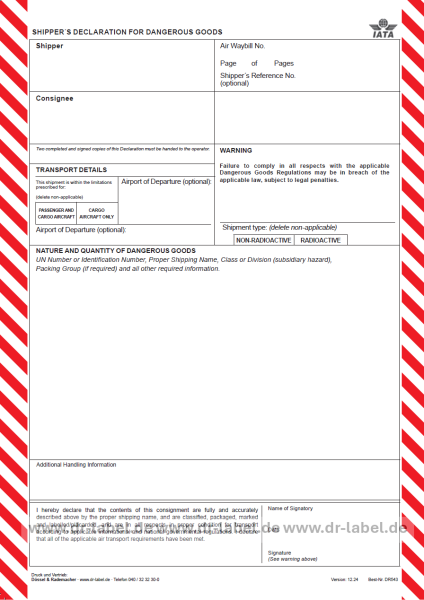 IATA Shipper's Declaration for Dangerous Goods