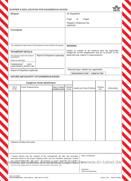 IATA Shipper's Declaration for Dangerous Goods