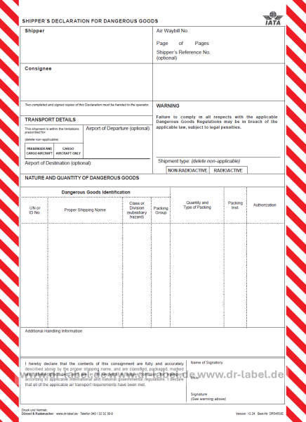 IATA Shipper's Declaration for Dangerous Goods