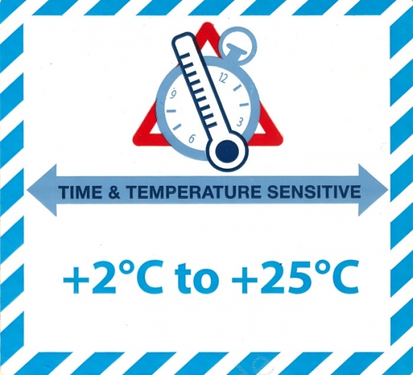 Gefahrgutetikett "TIME & TEMPERATURE SENSITIV" mit Temperatureindruck "+2°C to +25°C"