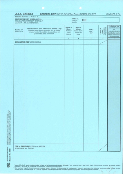 Carnet A.T.A. Zusatzblatt 800l