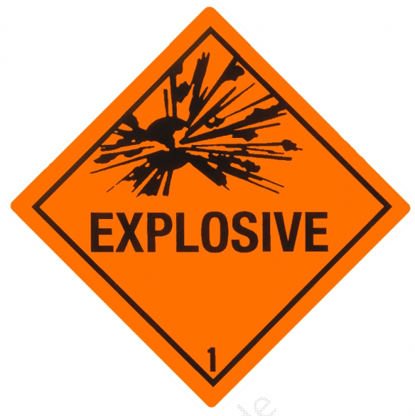 Gefahrgutetikett Klasse 1 mit Bombe und Text "EXPLOSIVE"
